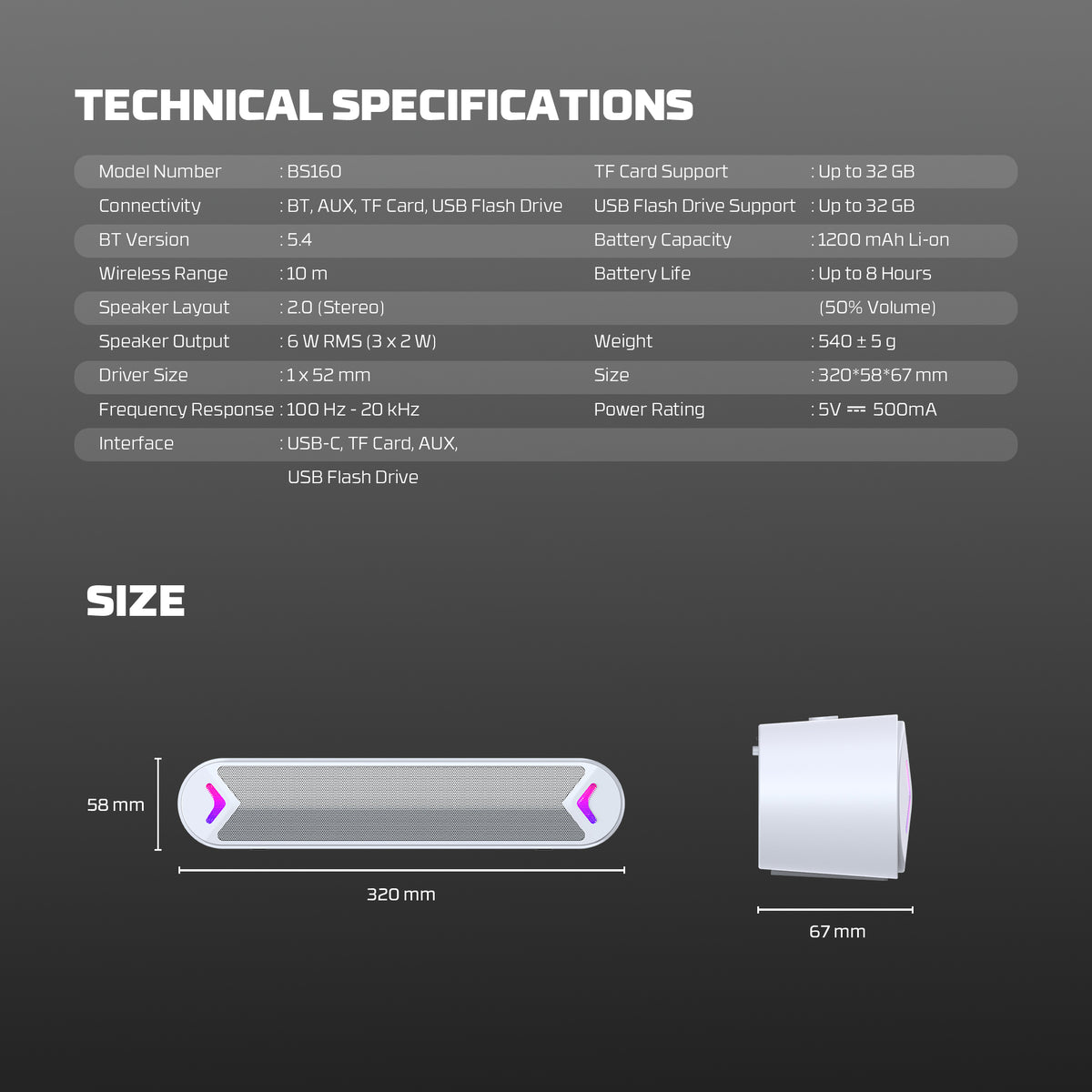 BS160 RGB Portable Wireless Gaming Soundbar Speaker - 6W RMS