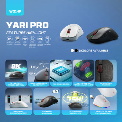 Yari Pro WG14P 8K Hz Ultra-Lightweight Wireless Gaming Mouse - 42,000 DPI, PixArt 3950 STRIKE, RGB Magnetic Dock Included